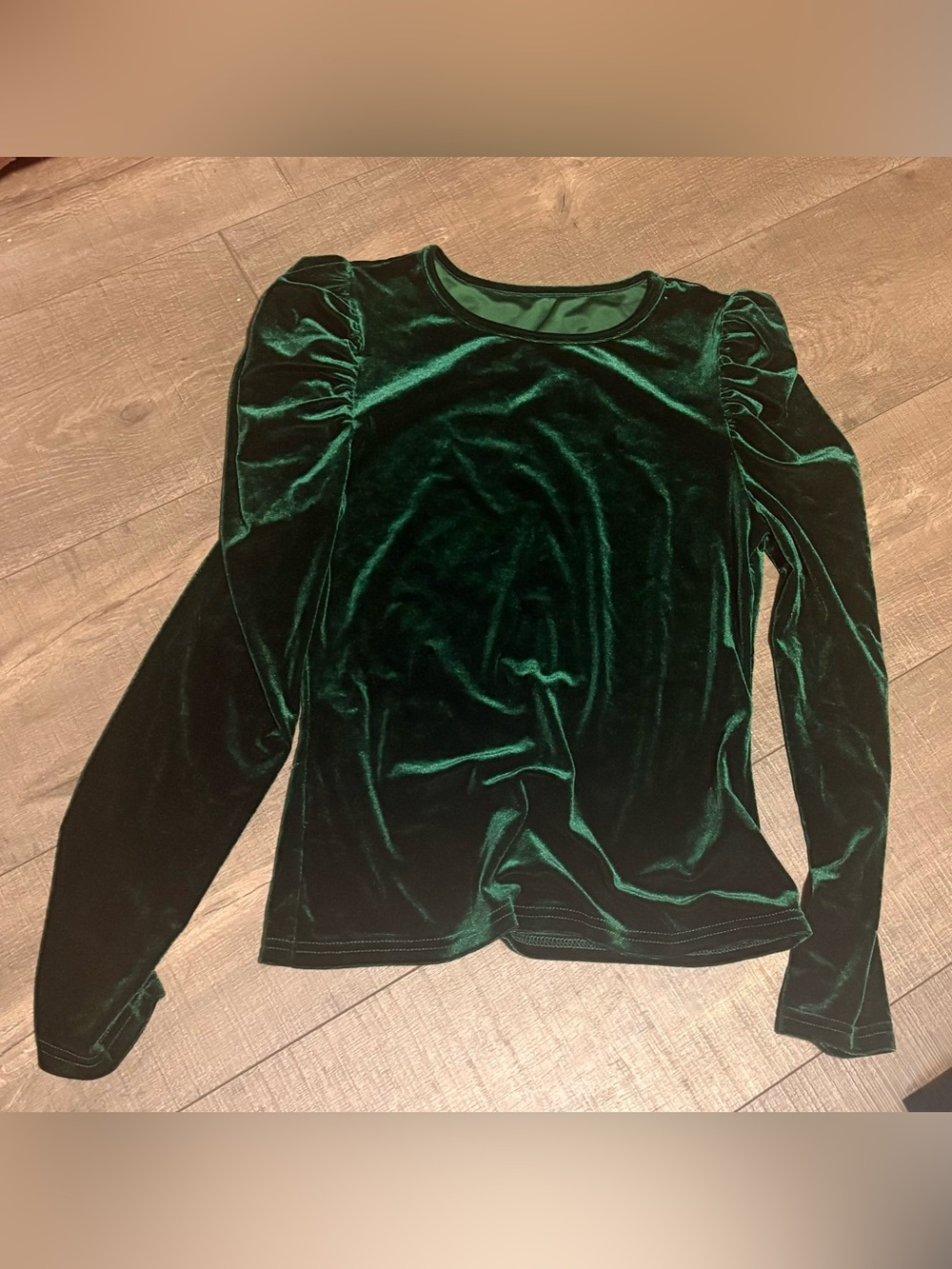 Velvet Puff-Sleeve Long-Sleeve Top - Emerald Green
